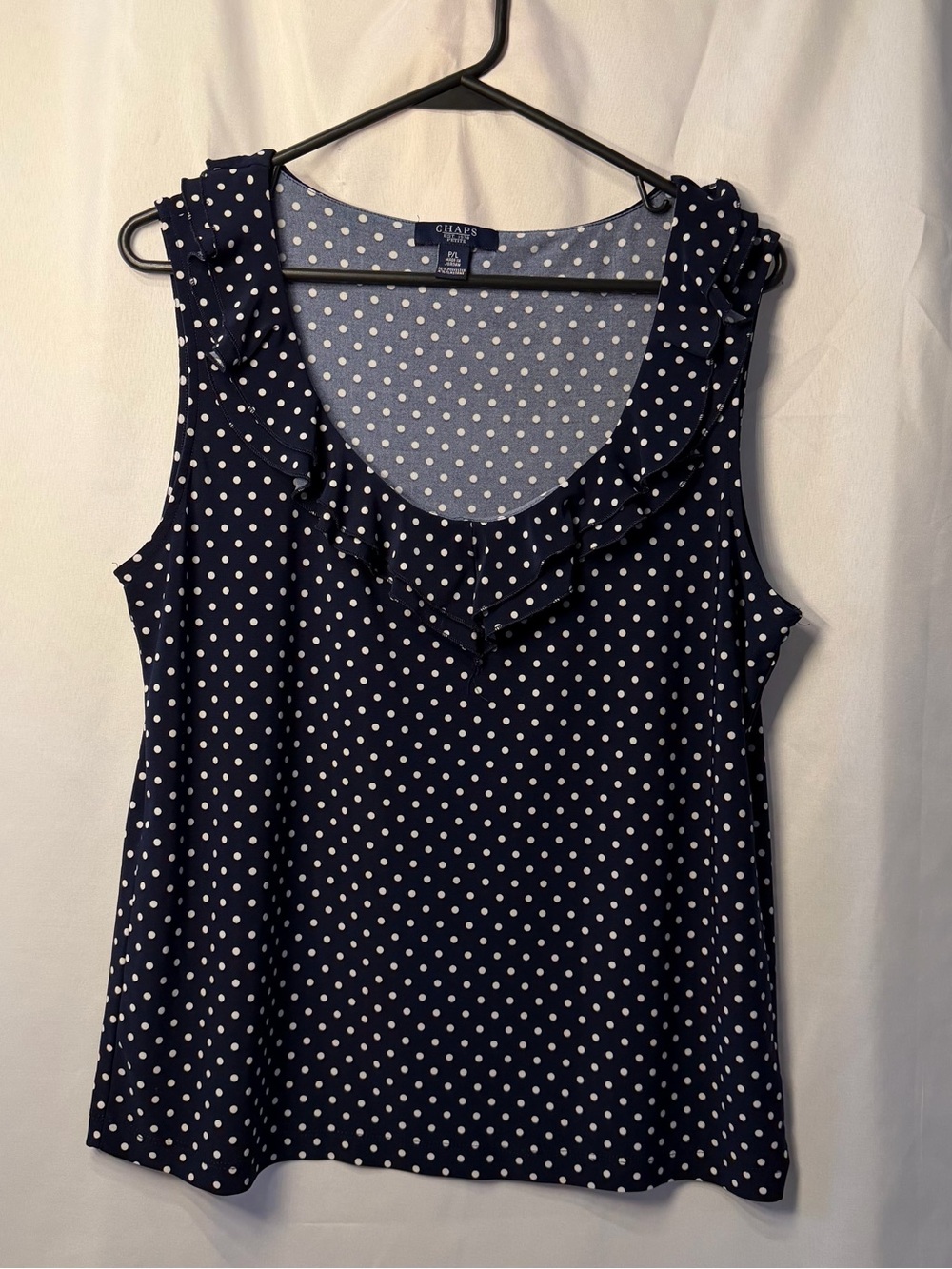 Chaps Navy and White Polka Dot Ruffle Camisole